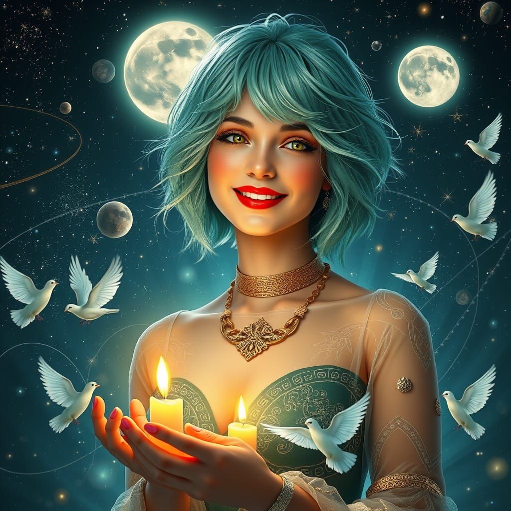 Cosmic Goddess in Seafoam Hair, Adorned with Ancient Accents