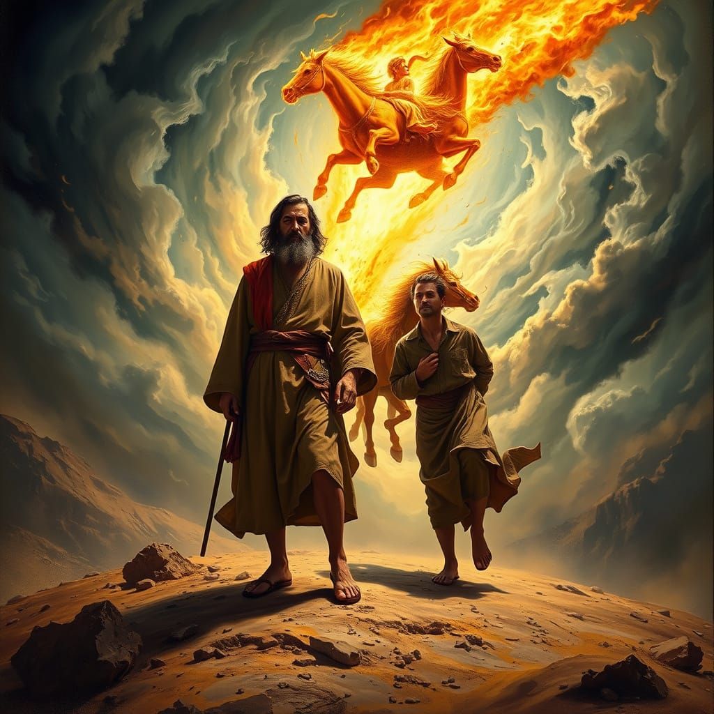 Elijah Surrounded by Fiery Chariot in Turbulent Sky