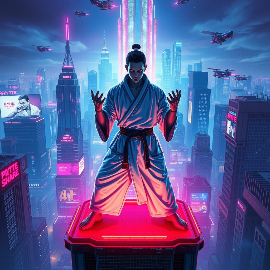 Cyberpunk Karate Master Meditating on Skyscraper