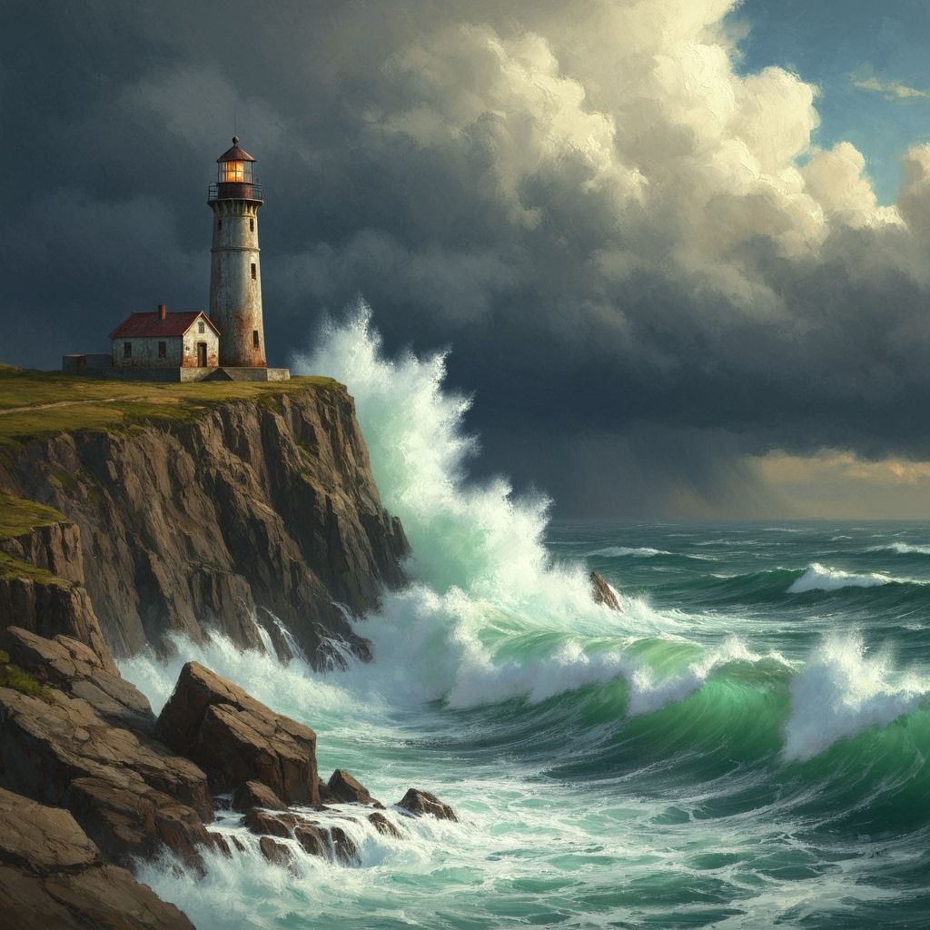 Dramatic Oil Painting of Lighthouse on Stormy Coast