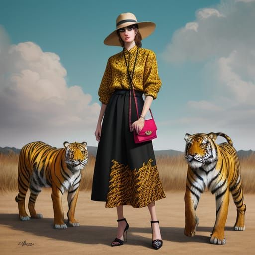 Vibrant Digital Painting of Lady in Tiger Print Fashion