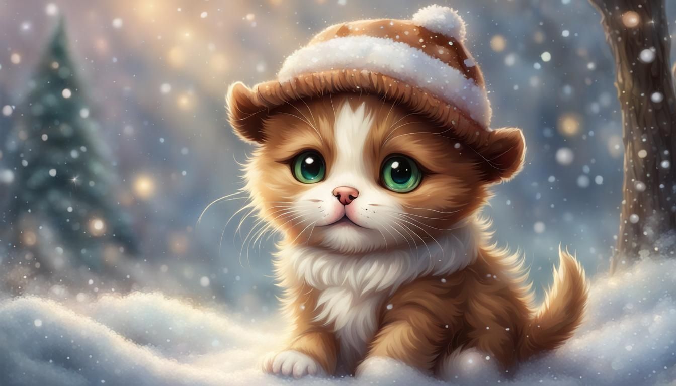 Cute brown baby chibi dog a cat gren eyes white wool hat sno...
