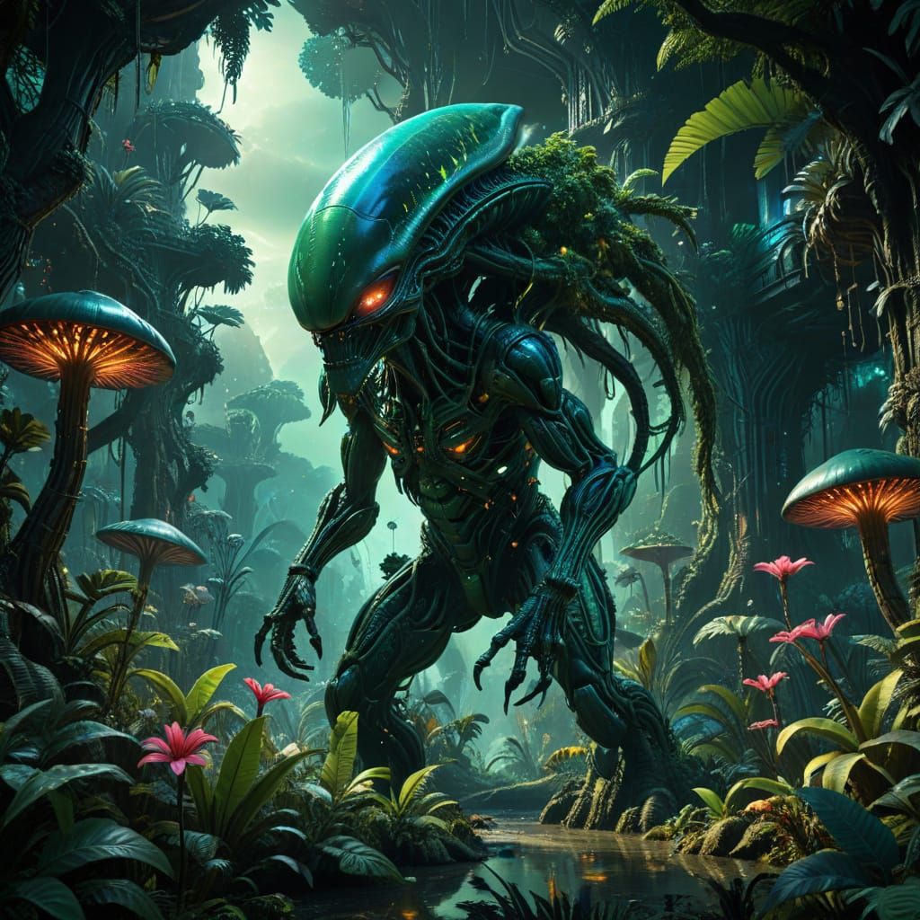Alien Exploring Vibrant Jungle Planet