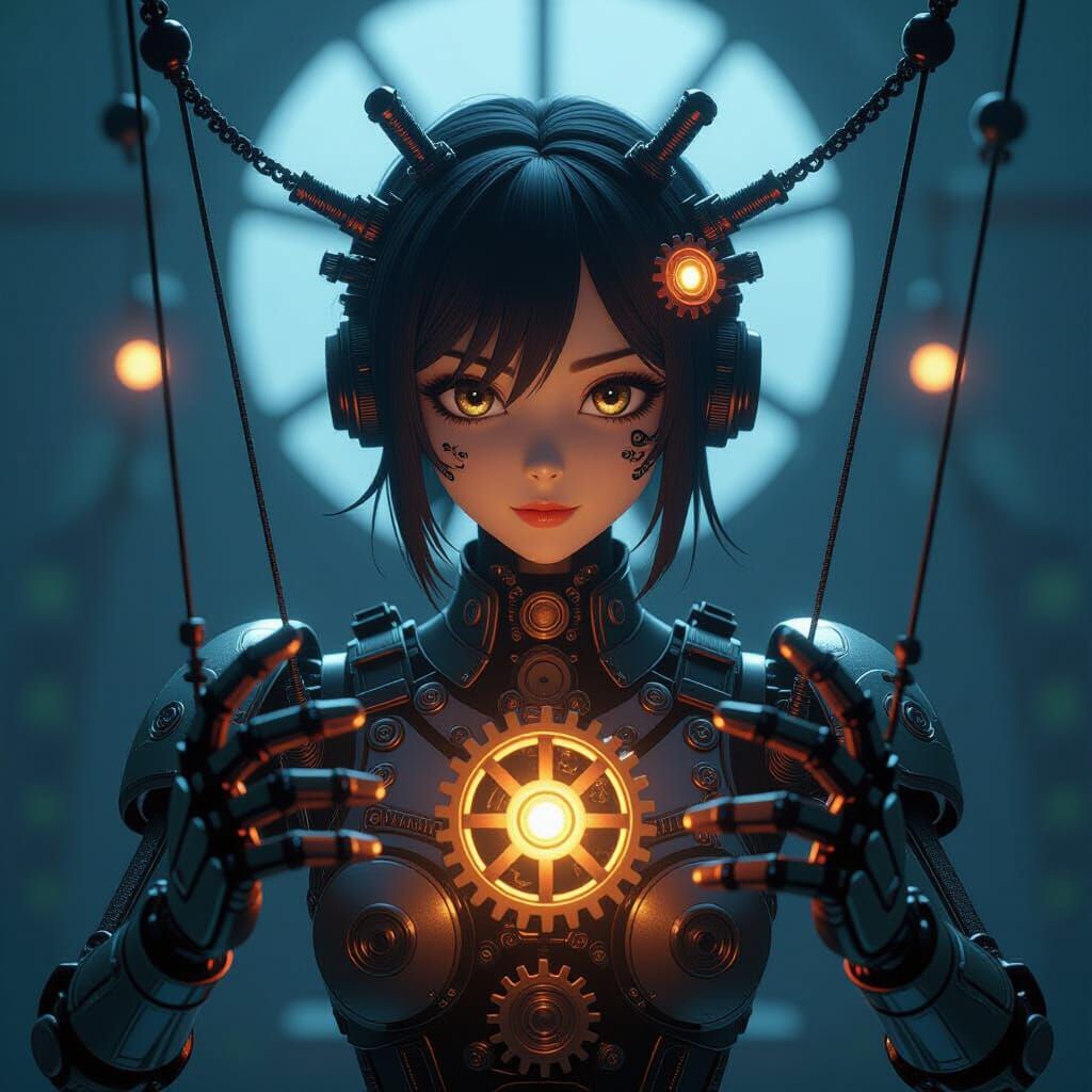 Mechanical Puppeteer Controls Glowing Human Figures