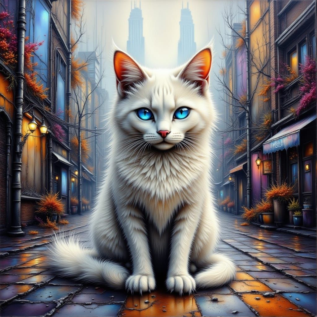 Abstract Cat with Glowing Eyes on City Street