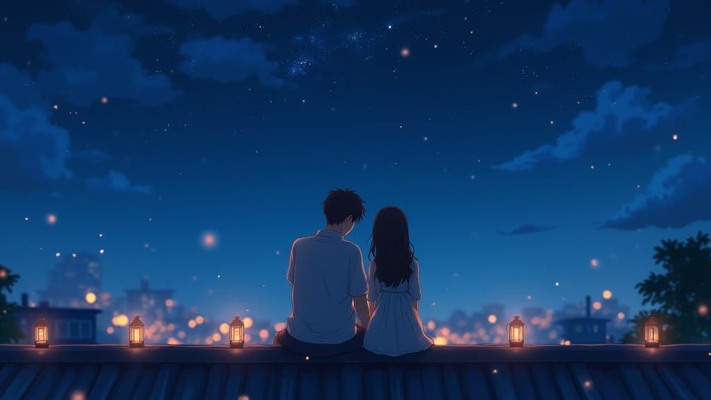 Romantic Couple on Rooftop Under Starry Sky