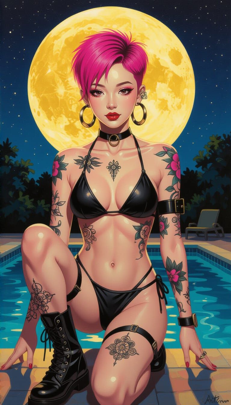 Astonishing Woman with Neon Pink Hair at Night Pool