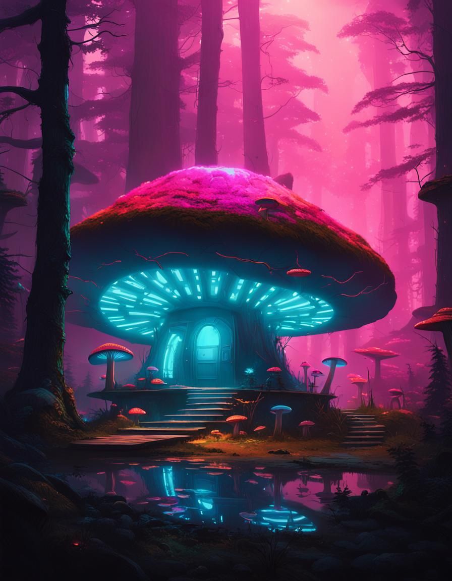 Futuristic Fairy Mushroom House in Bioluminescent Forest