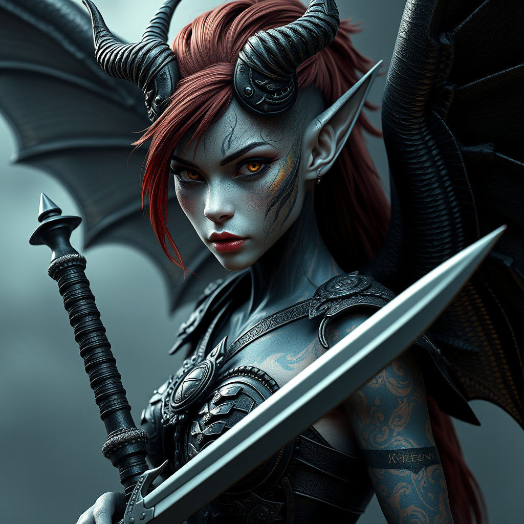 Iridescent Warrior Woman with Sword in Dark Fantasy Style