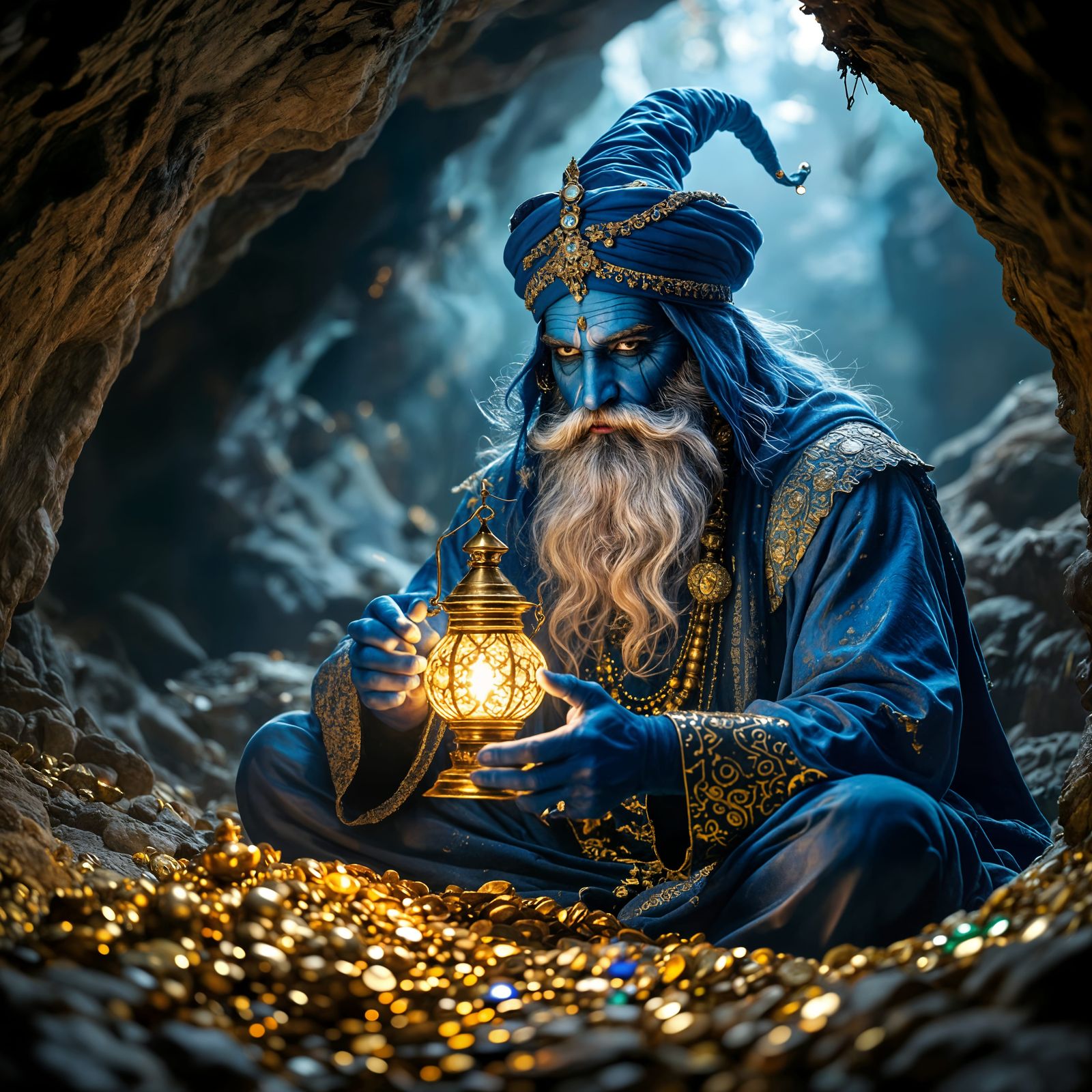 Mystical Blue Genie in Cave of Gold and Jewels