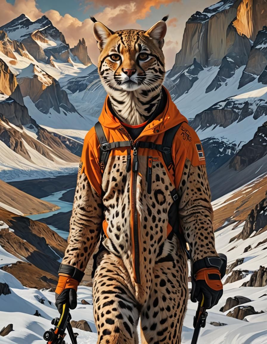 a ocelot wearing a ocelot colored ski suit skiing in Patagonia