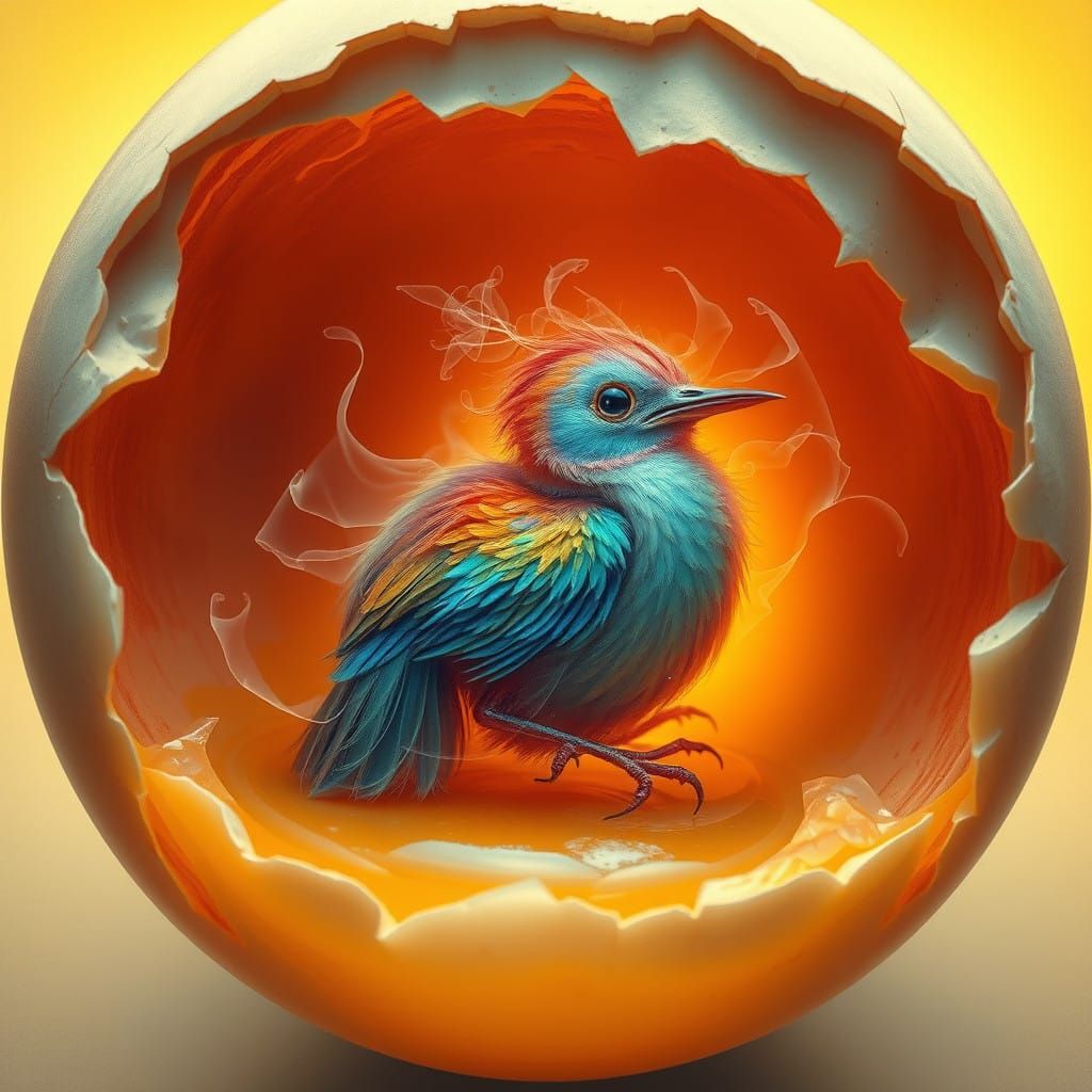 Surrealist Bird Embryo in Cracked Eggshell, Illuminated by E...