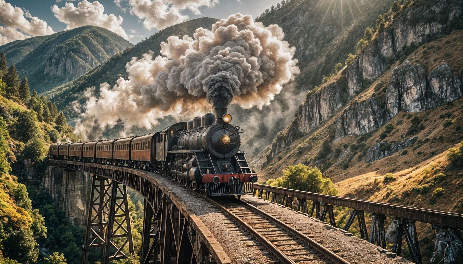 Steam Train on Mountain Bridge in Dreamy Landscape