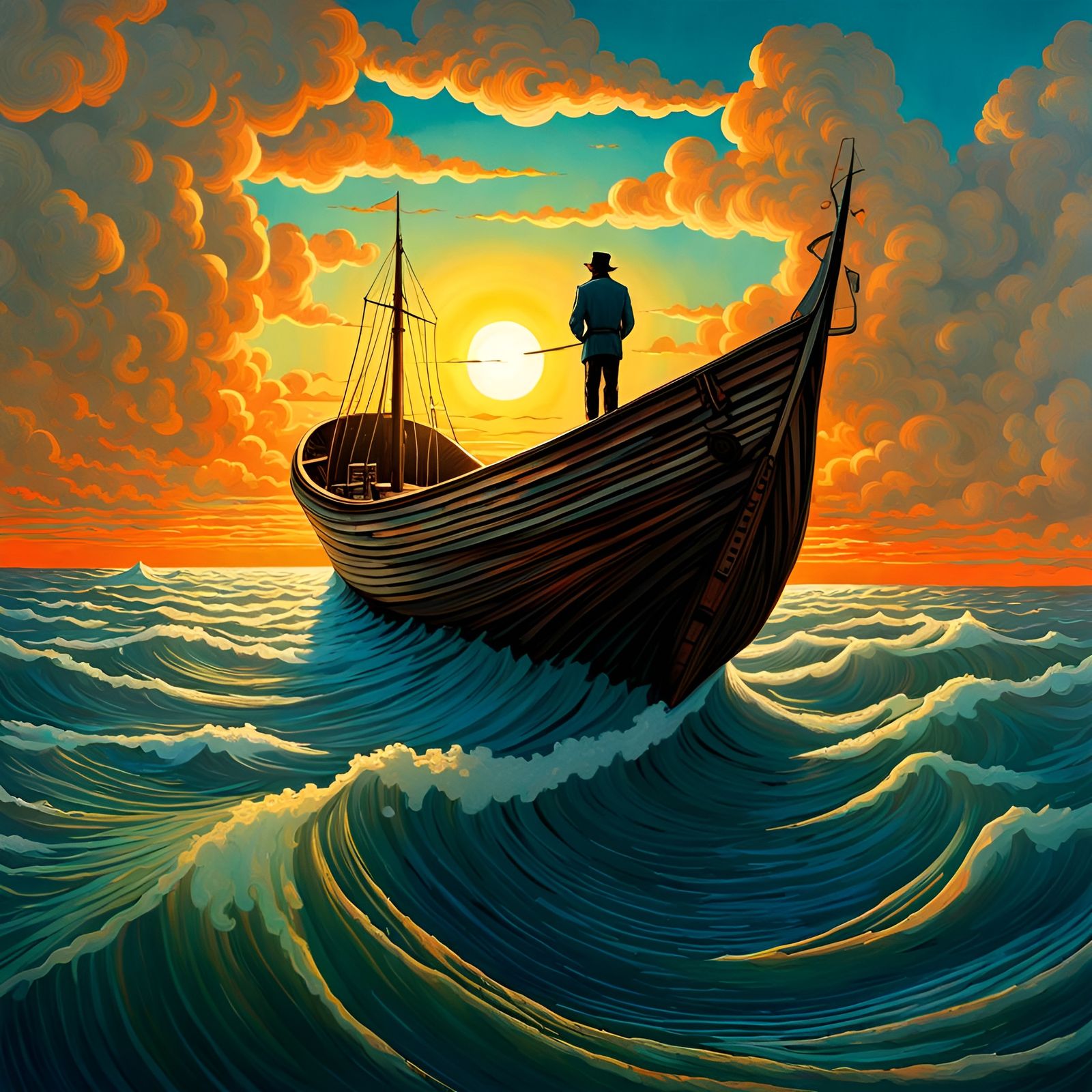 Man on Boat at Sunrise with Impasto Ocean