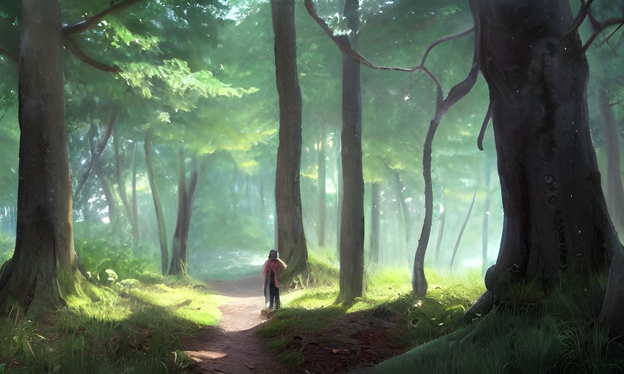 Person in Forest: Matte Painting by Makoto Shinkai