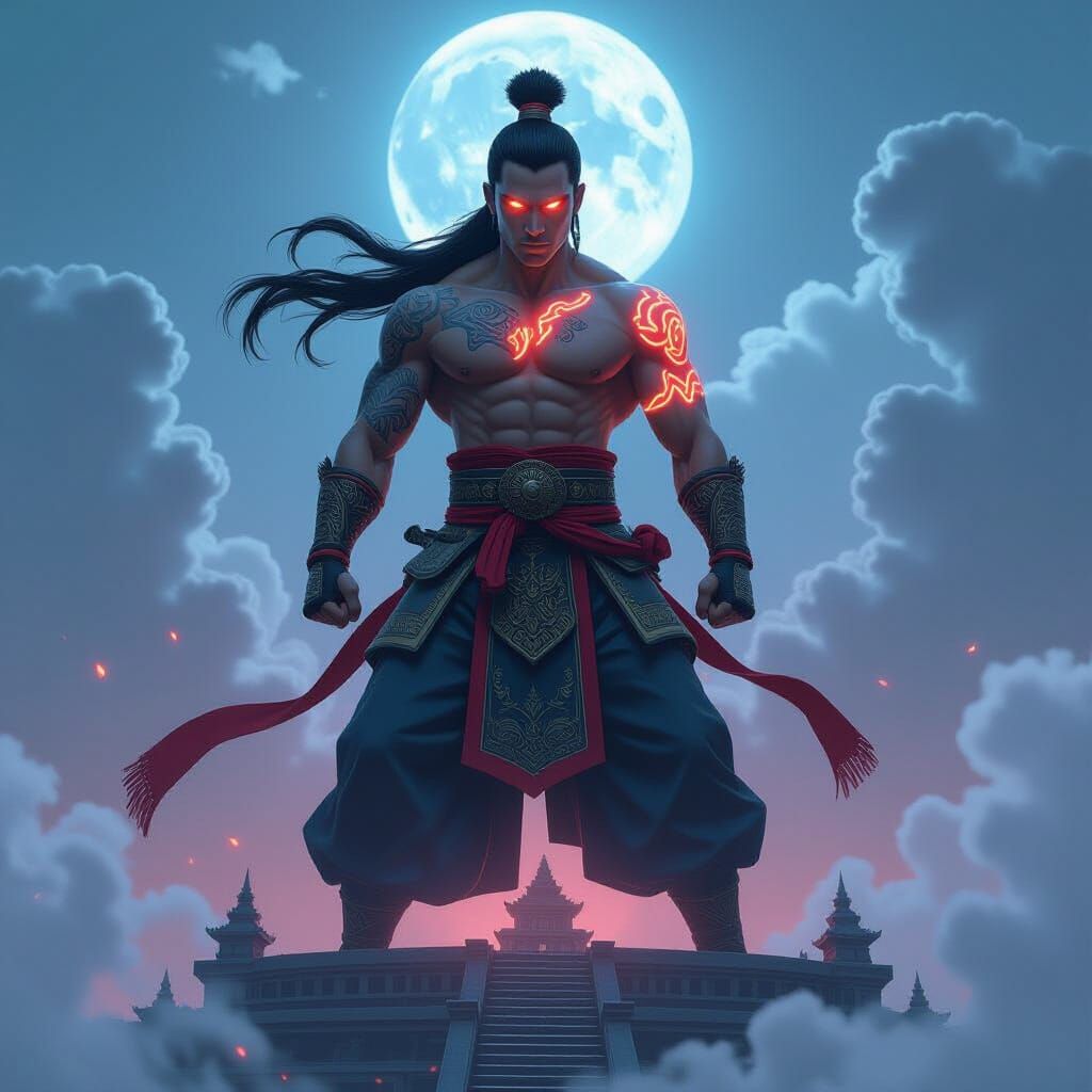Muay Thai Warrior on Ziggurat in Anime-Inspired Style