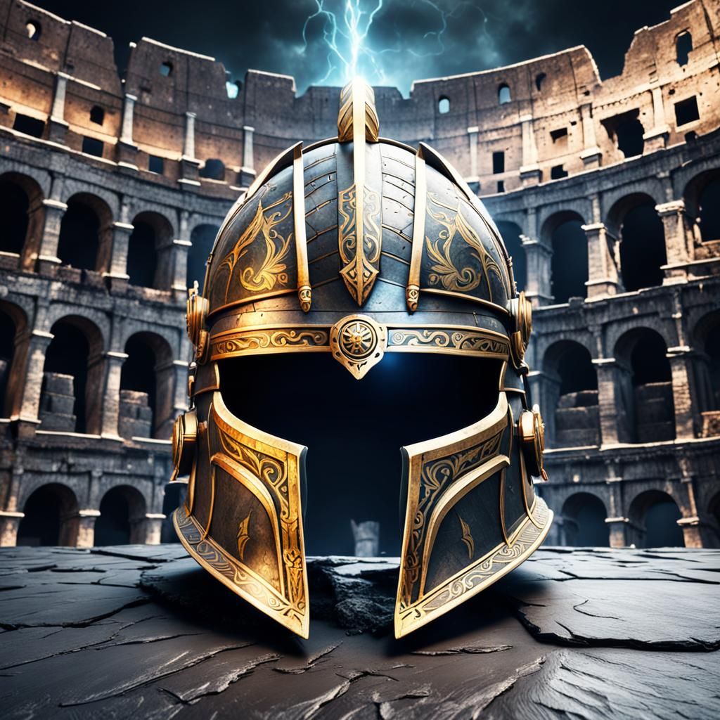 Glowing Battle Helmet in Colosseum: Digital Matte Painting