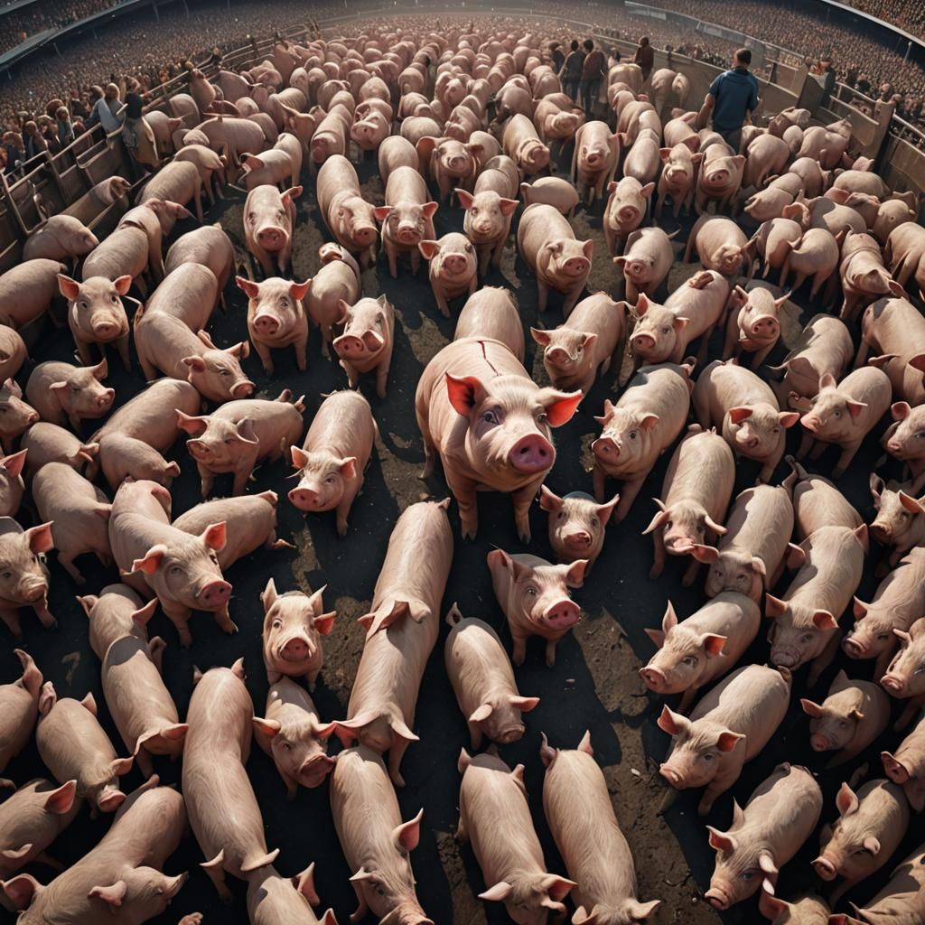 Pig Addresses Farm Animals in Stadium: Detailed Matte Painti...