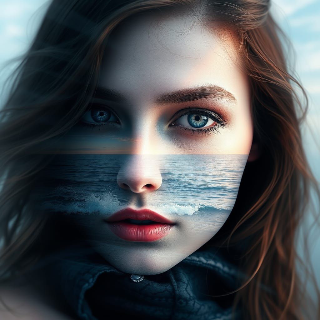 Surreal Double Exposure Art of a Woman's Face in a Serene Se...