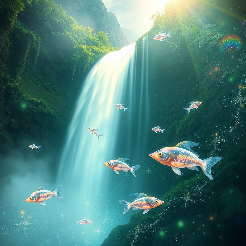 Ethereal Waterfall with Rainbow Mist, in Surreal Style