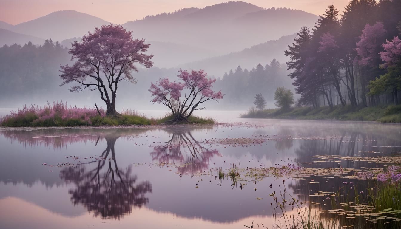 Dreamlike Lake Reflects Pastel Sky: A Surreal Landscape