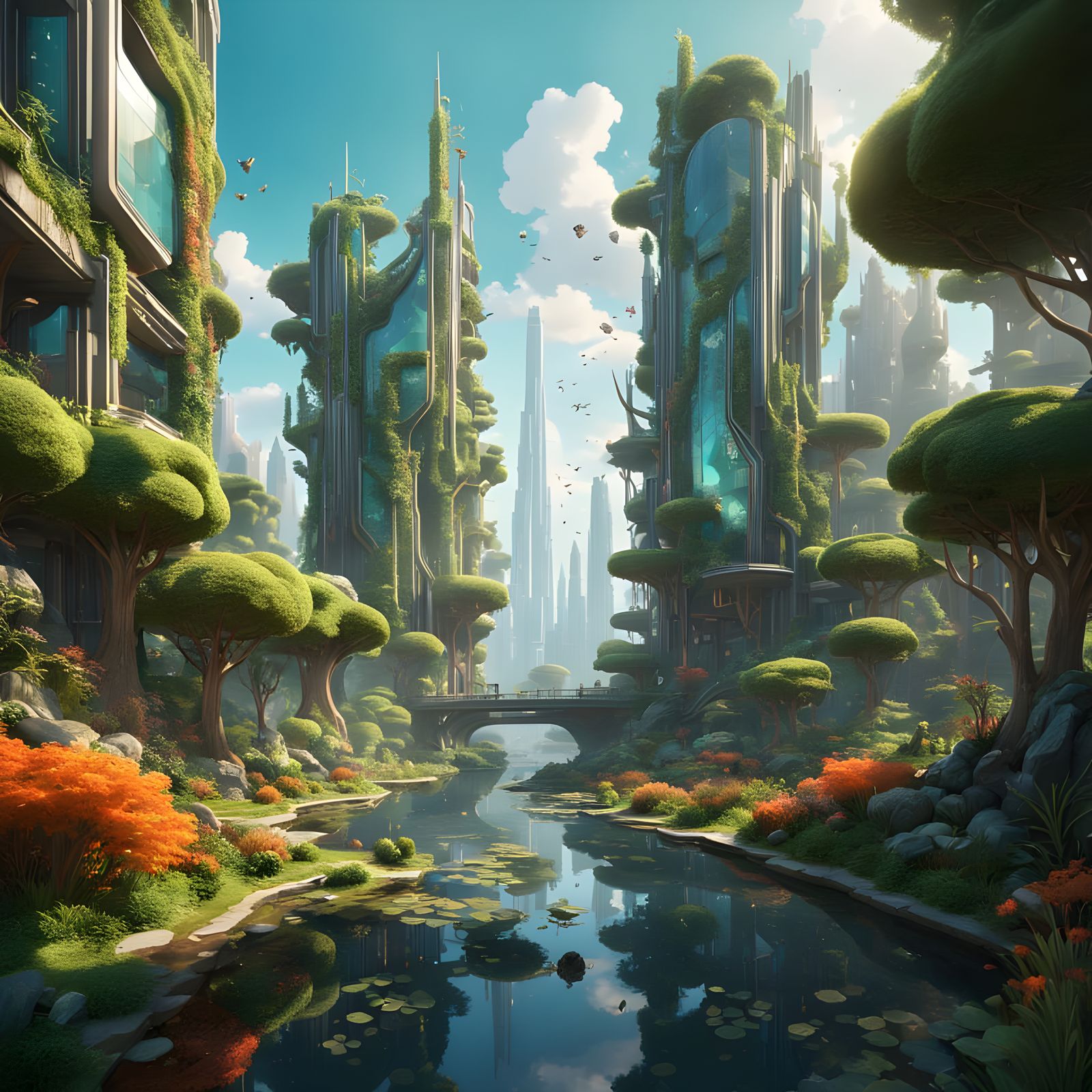 Surreal Solarpunk Utopia Awakens with Triadic Colors