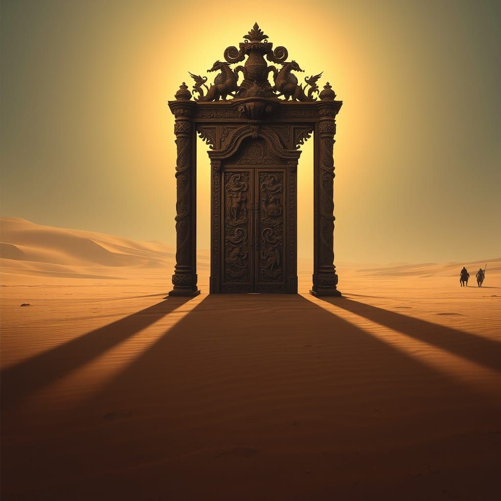 Ornate Door in Desert Landscape, Beksiński Style