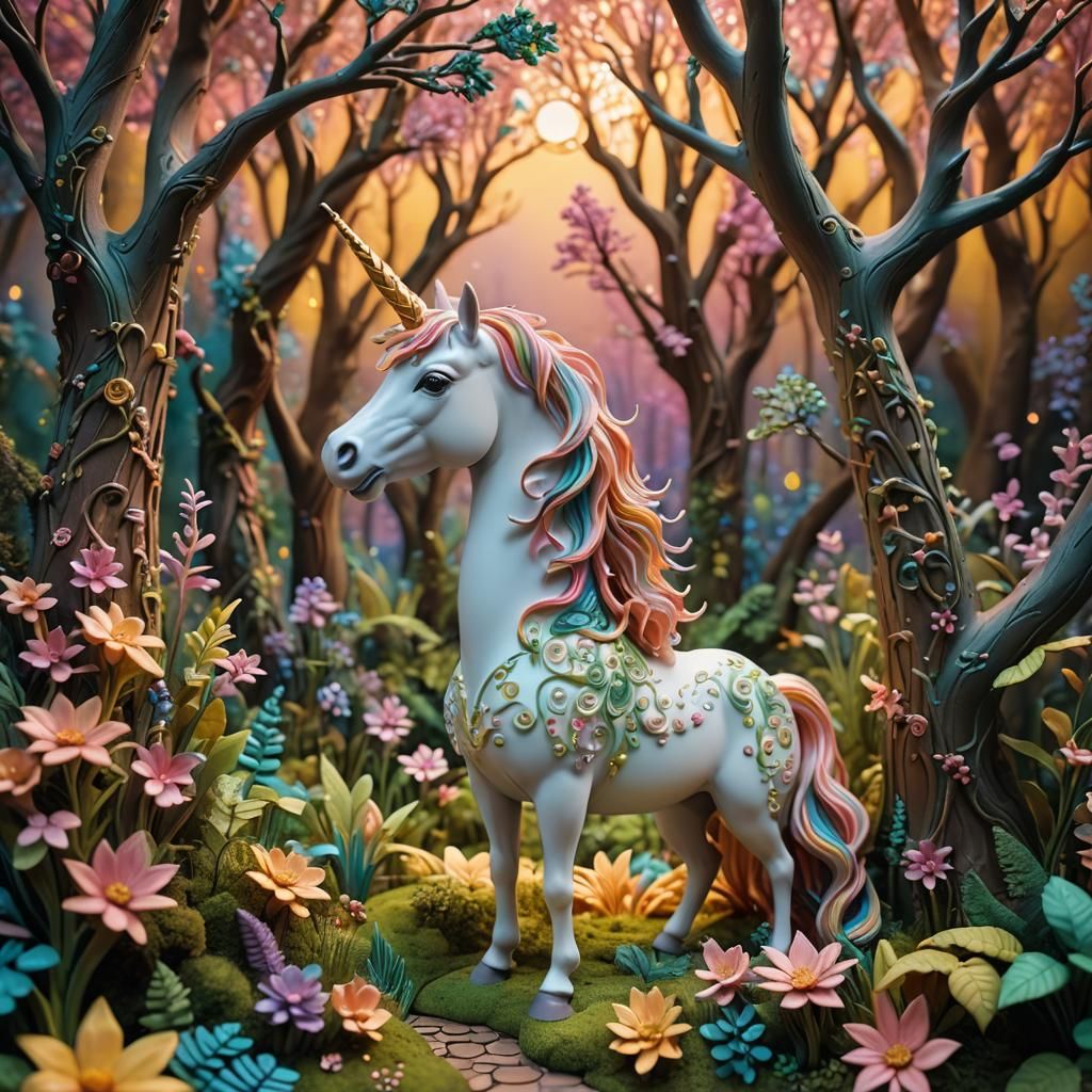 Enchanted Forest Unicorn Diorama in Clay Art Style
