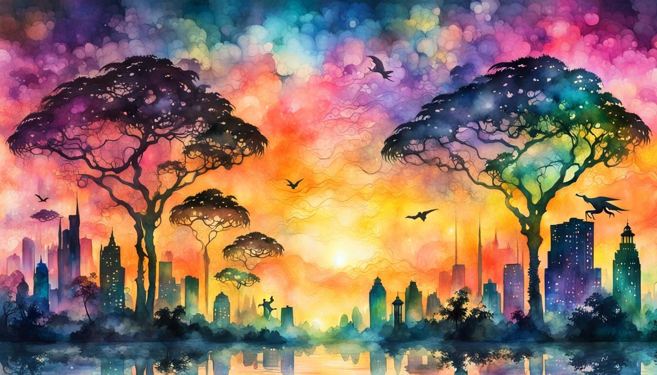 Jungle Cityscape Sunset in Watercolor Style