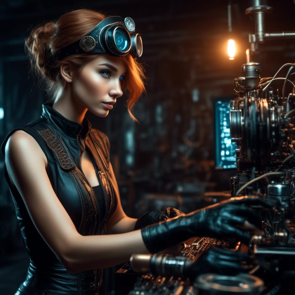 Female Steampunk digital tech mechanic working on a computerized invention. In a digital workshop. <lora:Gridrunners v1:...