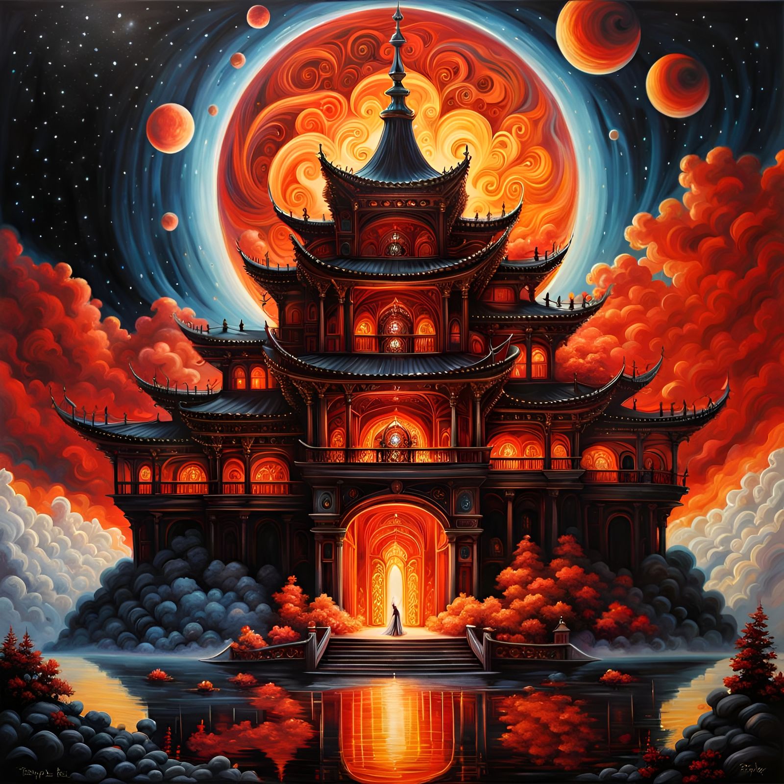 Swirling Fire Palace in Acrylics, Fairytale Scene