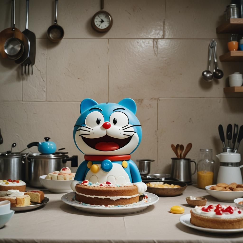 Doraemon Cake in a Cinematic Kitchen
