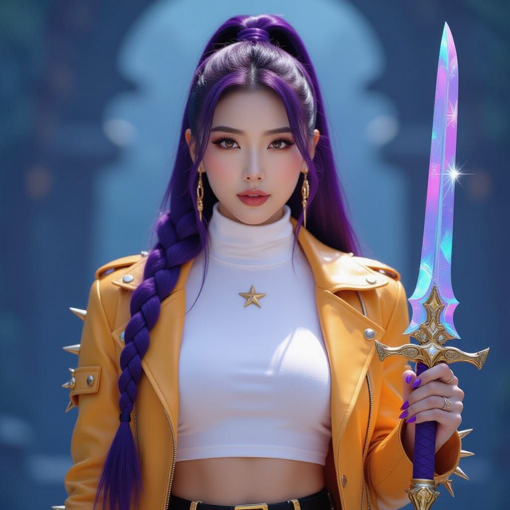Beautiful Korean Woman with Iridescent Sword on Stage