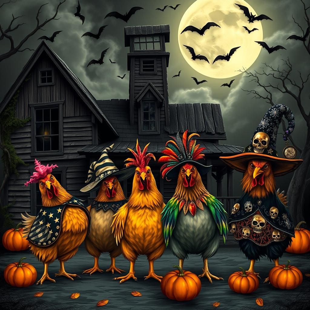 Halloween Chickens in Witch Costumes at Farmhouse