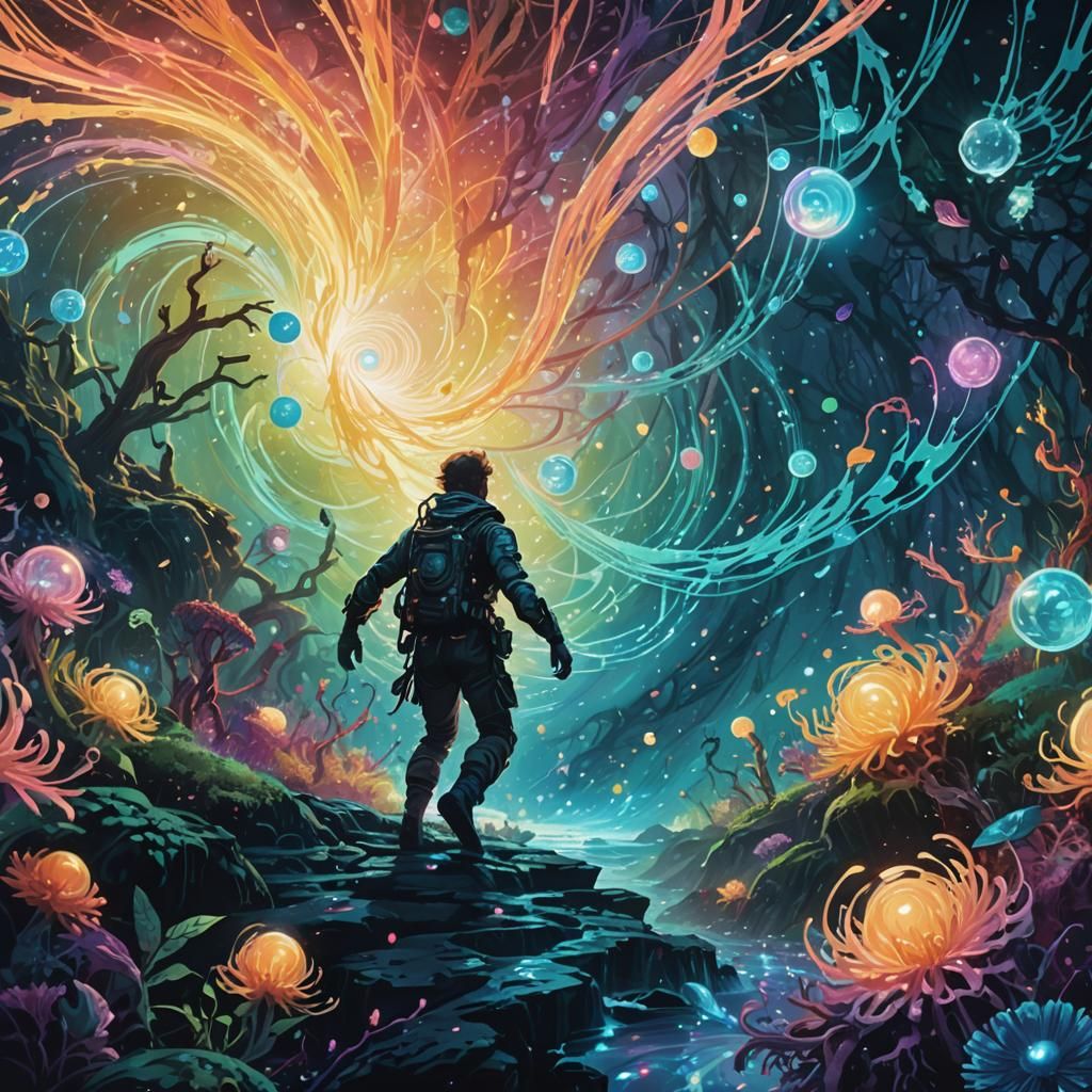 Adventurer in Vortex of Bioluminescent Orbs, Neon Ink Splatt...