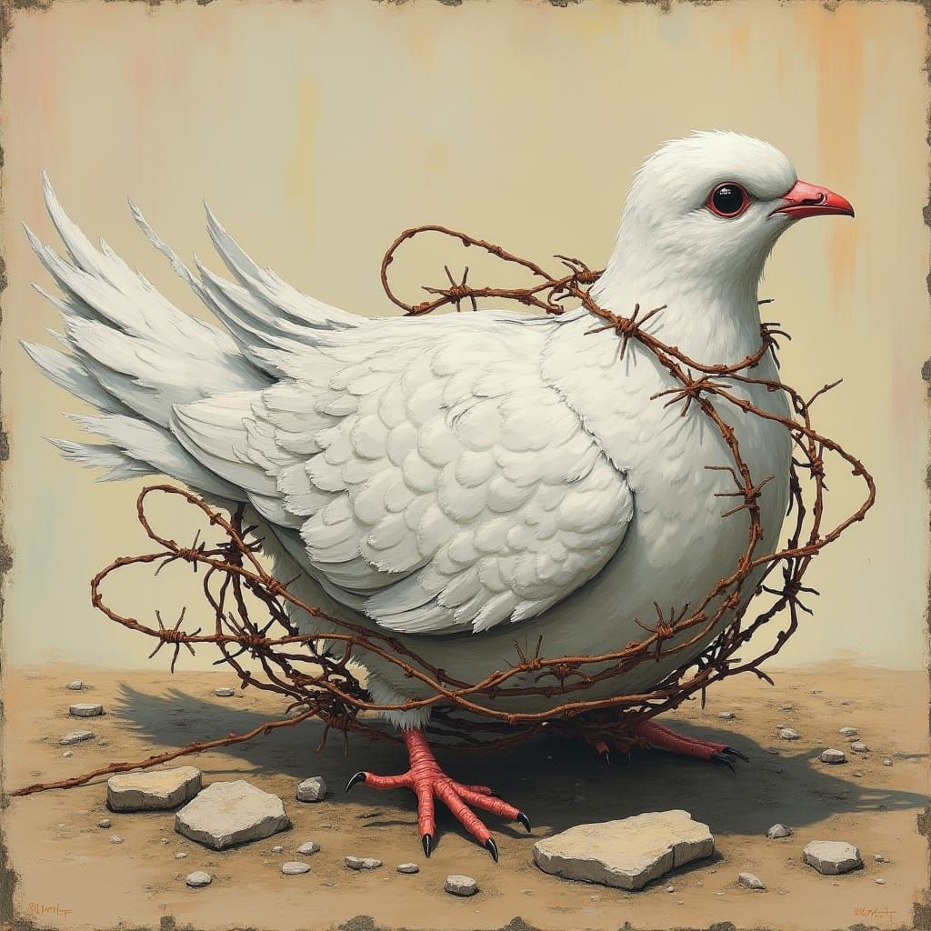 Peaceful Dove Torn by Conflict and Barbed Wire