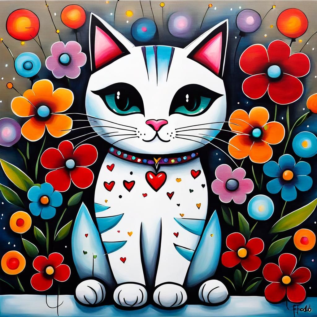 Pop Art Cat with Flowers by Fedro