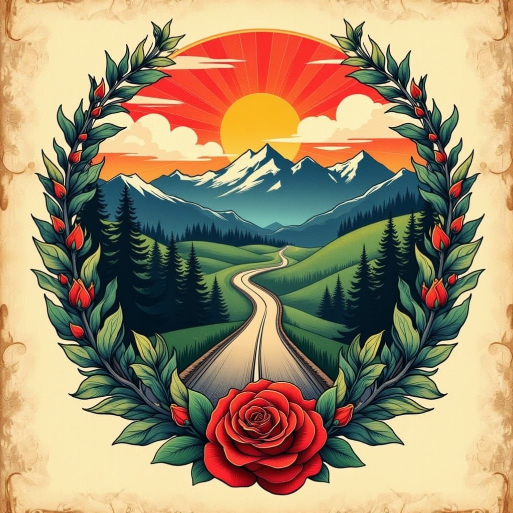 Winding Road Tattoo in Neo Art Nouveau Style