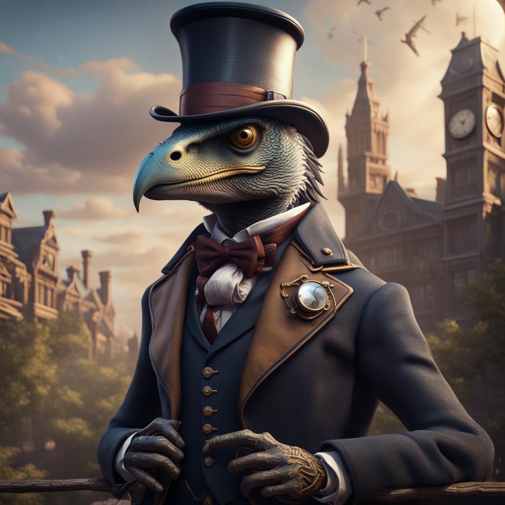 Raptor Gentleman in Top Hat, Detailed Matte Painting