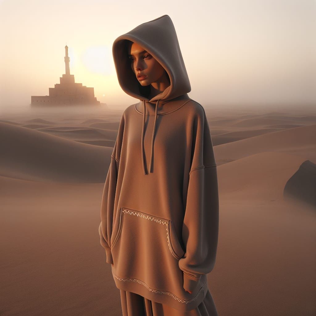 Crimean Tatar Woman at Dawn in Hazy Landscape