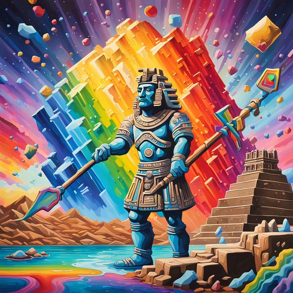 Vibrant Aztec Figure Melts into Rainbow Cosmos in Surreal Gr...