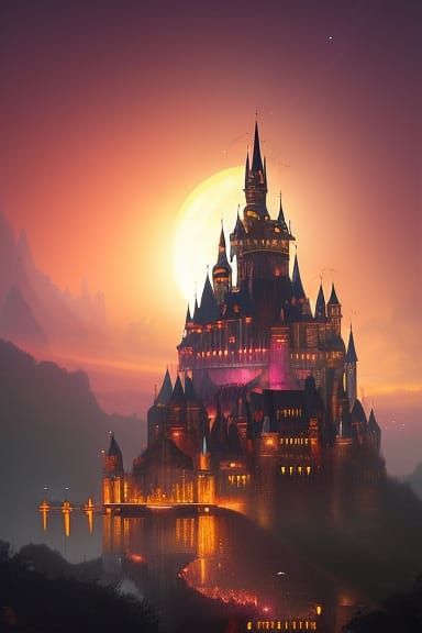 Magical Castle Air Balloon Over Lit City