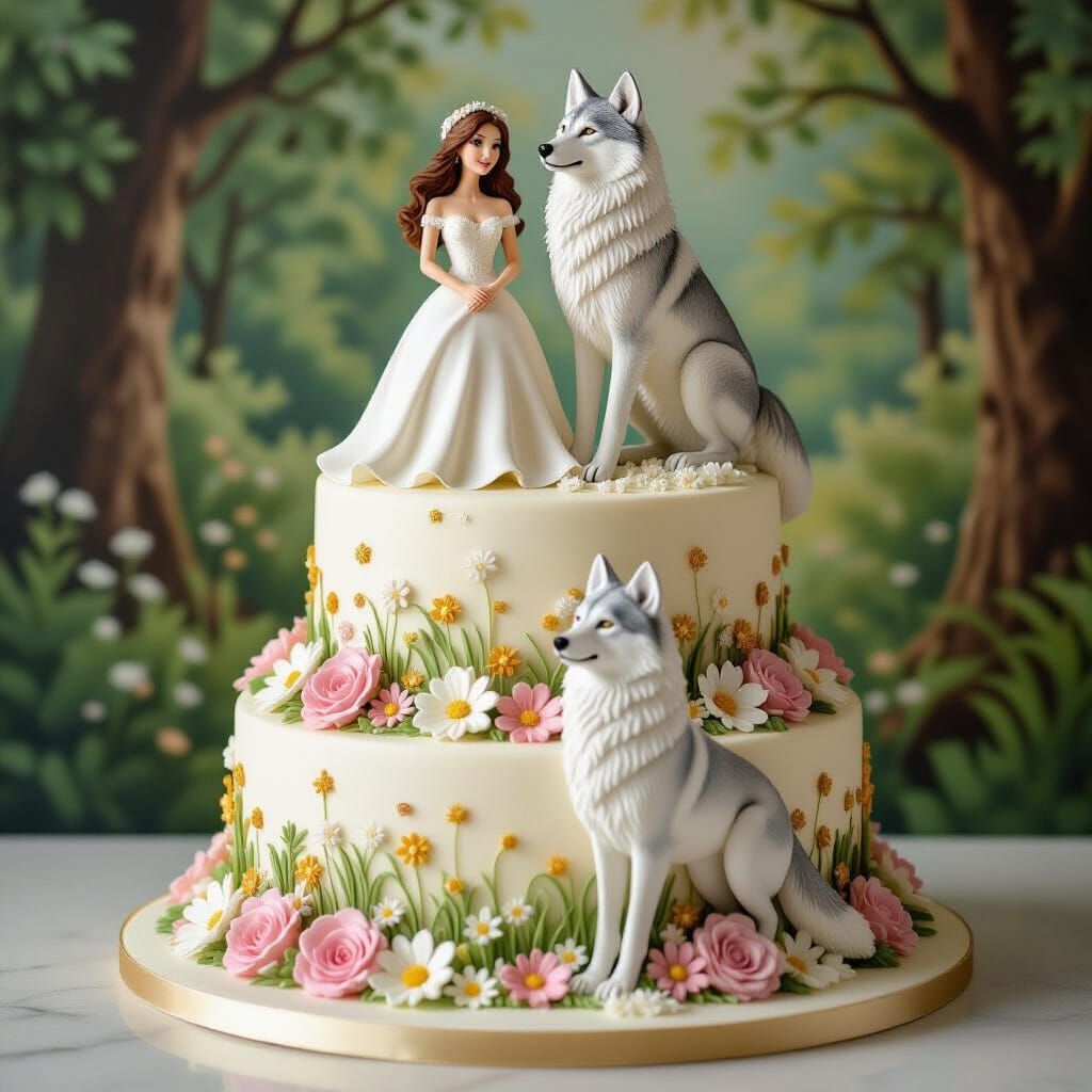 Whimsical Cake with Fondant Woman and Wolf in Meadow