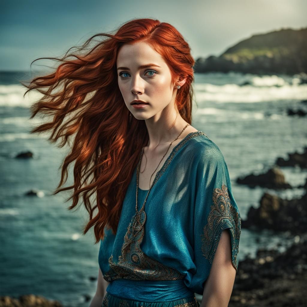 Red-Haired Beauty in Harem Pants by the Sea