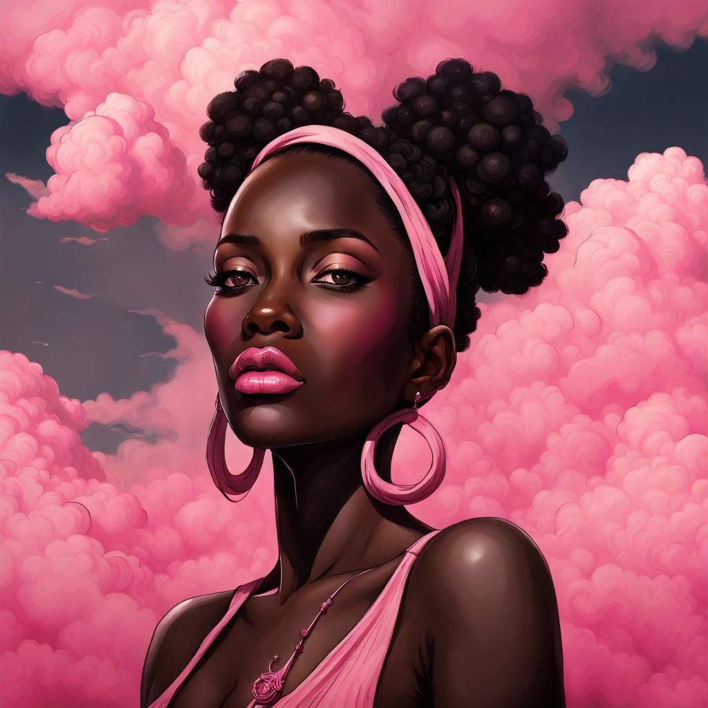 Ethereal Portrait: Ebony Skin, Pink Clouds, Smoke