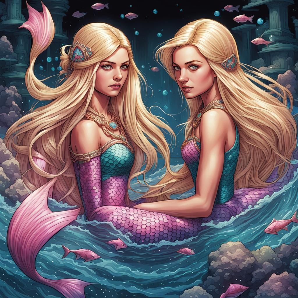 Hyperrealistic Twin Mermaids in Comic Book Art Style