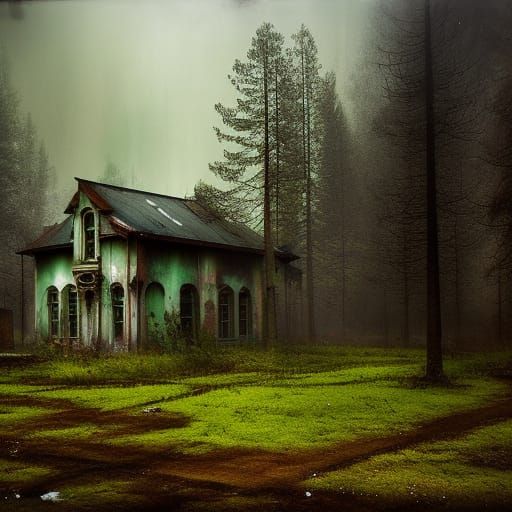 Eerie Abandoned Asylum in Misty Forest: Mixed Media