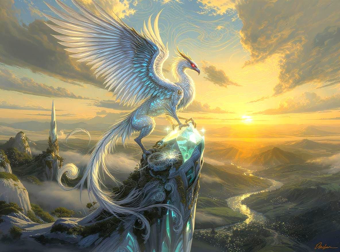 Griffin on Crystal Spire at Sunset, Digital Art