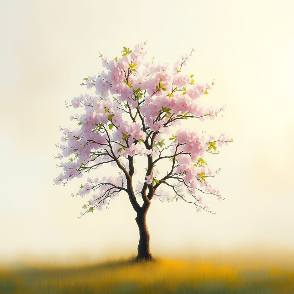 Cherry Blossom Tree in Impressionist Fog