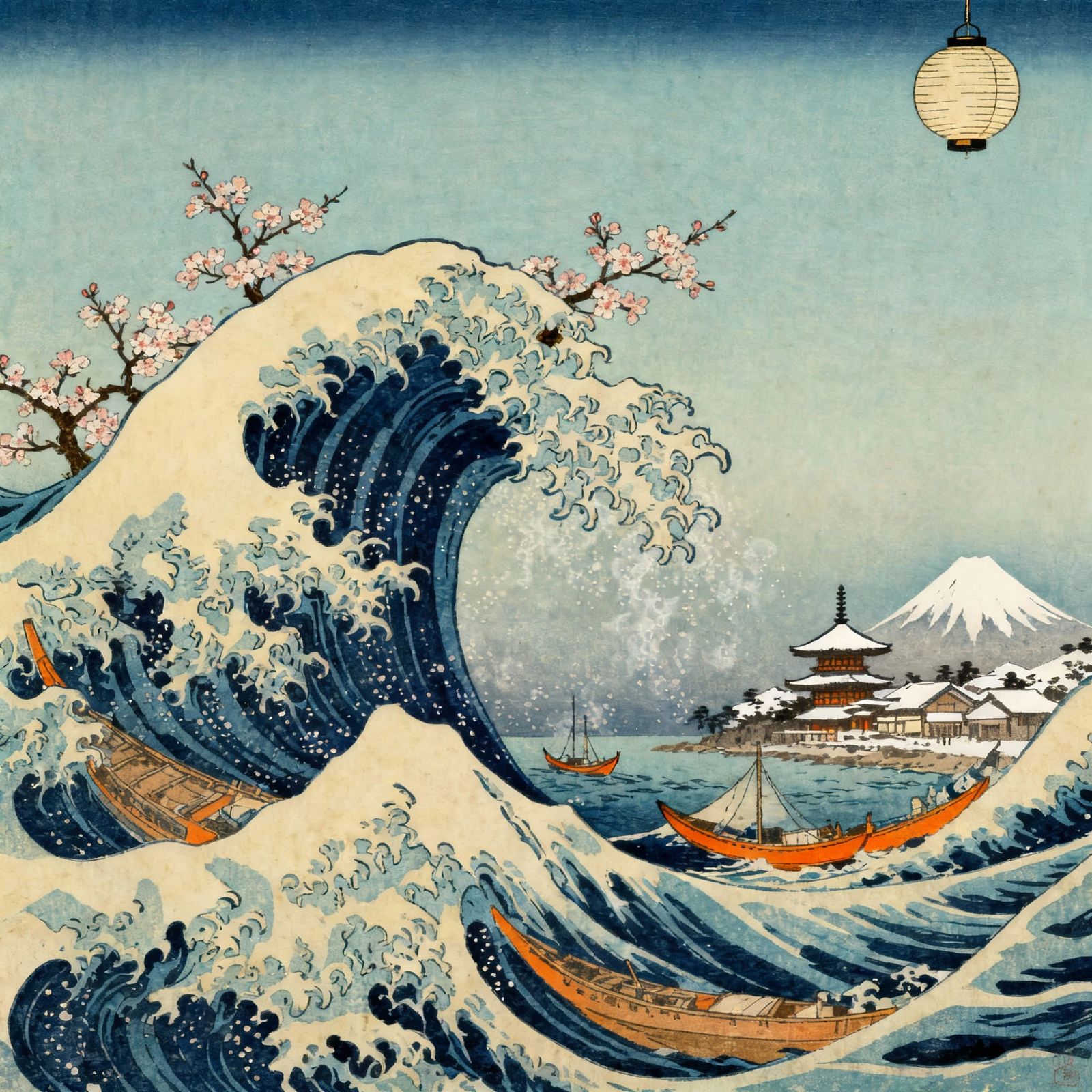 Great Wave Inspired Print with Cherry Blossoms and Boats